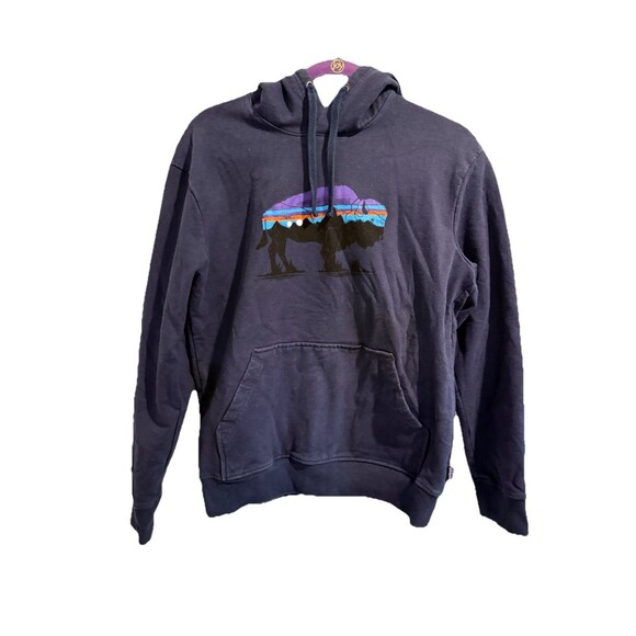 Patagonia Uprisal Hoodie‎ Mens Small Blue Fitz Roy Bison Fleece Drawstring - Picture 1 of 7